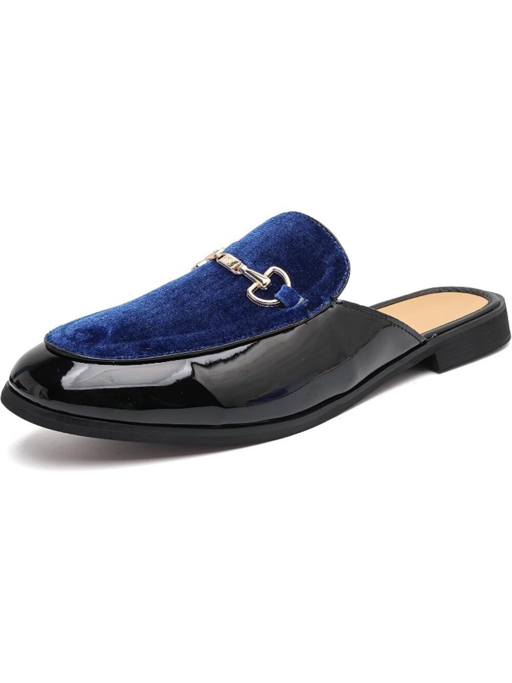 Men's Blue Rubber Velvet Patent Leather Gold Buckle Slip On Loafer Slippers